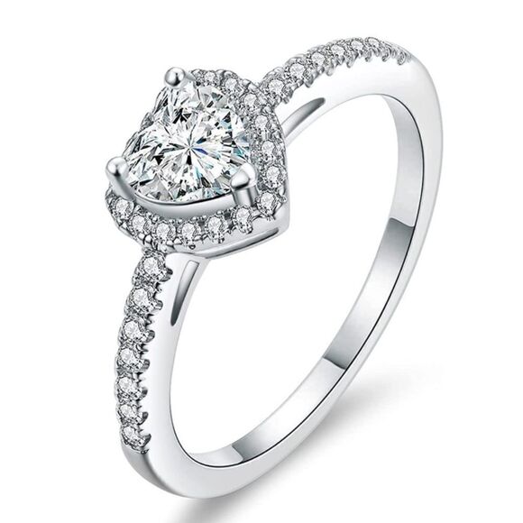 18K White Gold and White Diamond Cubic Zirconia Halo Heart Engagement Ring